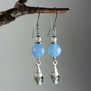 HAND CRAFTED Coastal Shell Earrings Blue Agate Pearl Silver Boho Beach Gift